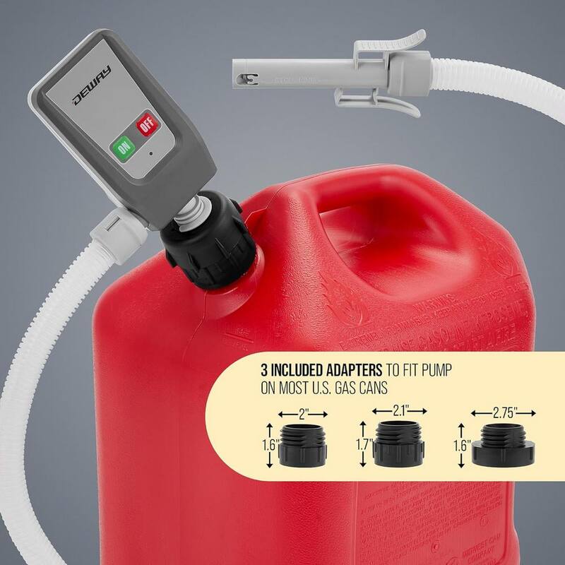 DEWAY Automatic Fuel Transfer Pump with Auto-Stop, 3 Cans Adapters, Battery Powered or DC 12V Cable - WAYPUMP18