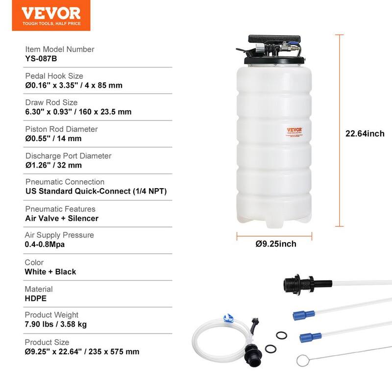 VEVOR Fluid Extractor, 1.74 gal. (6.5 Liters), Pneumatic Oil Changer Vacuum Fluid Extractor with Dipstick and Suction Hose - SDCYQ15LQD20CAED3V0-802