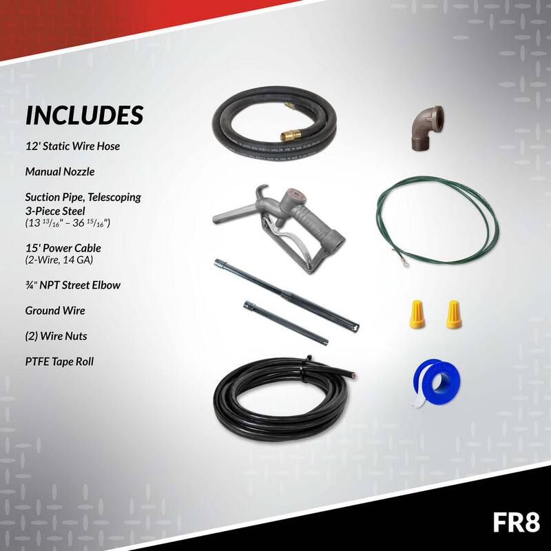 FILL-RITE FR8 12-Volt 8 GPM (31 LPM) 1/12 HP Fuel Transfer Pump with Discharge Hose, Manual Nozzle, and Suction Pipe - FR8