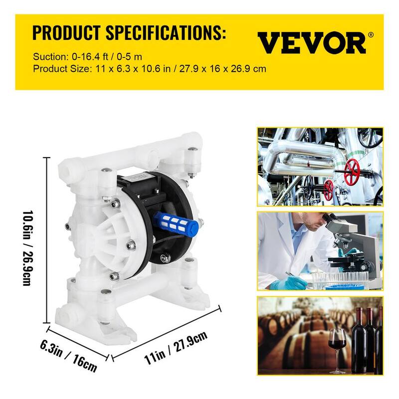 VEVOR Air-Operated Double Diaphragm Pump 1/2 in. Inlet Outlet 8.8 GPM 120PSI PET Diaphragm Transfer Pump for Petroleum Diesel - YBGMBQBY4-1500001V0