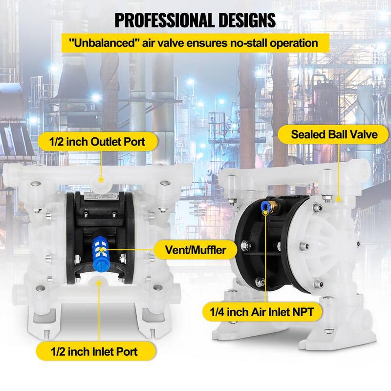 VEVOR Air-Operated Double Diaphragm Pump 1/2 in. Inlet Outlet 8.8 GPM 120PSI PET Diaphragm Transfer Pump for Petroleum Diesel - YBGMBQBY4-1500001V0