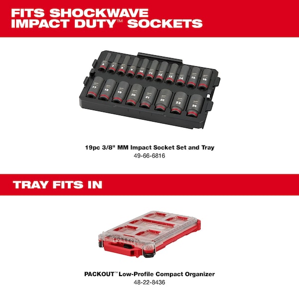 Milwaukee Tool PACKOUT Low-Profile Organizer Tray for 19 pc. SHOCKWAVE Impact Duty 3/8 in. Drive Metric Deep Well Sockets - 49-66-6831
