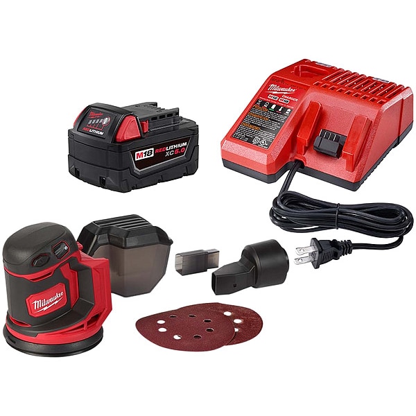 Milwaukee Tool Cordless M18 Random Orbit Sander, 18V, Includes Battery (5 Ah) & Charger - 48-59-1850, 2648-20