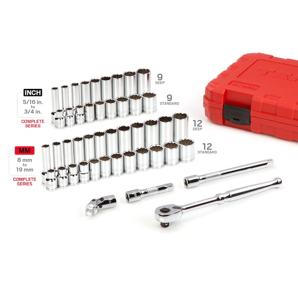 Tekton 3/8 Inch Drive 12-Point Socket and Ratchet Set, 46-Piece (5/16-3/4 in., 8-19 mm) - SKT15302