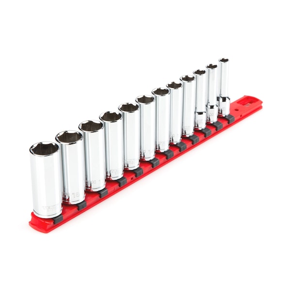 Tekton 3/8 Inch Drive Deep 6-Point Socket Set with Rail, 12-Piece (8-19 mm) - SHD91106