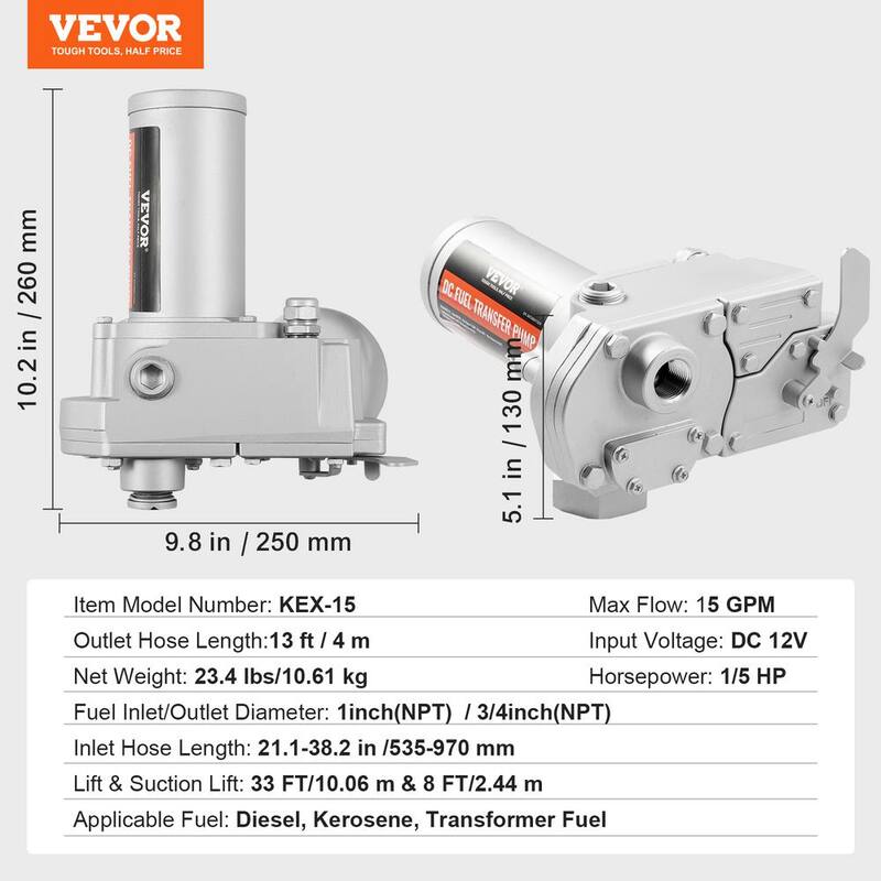VEVOR Fuel Transfer Pump 15GPM 1/5 HP Gear-Type Electric Diesel Transfer Pump Auto Shut-Off Fuel Nozzle Inlet & Outlet Hose - FBBMG15GPM157Y234V9