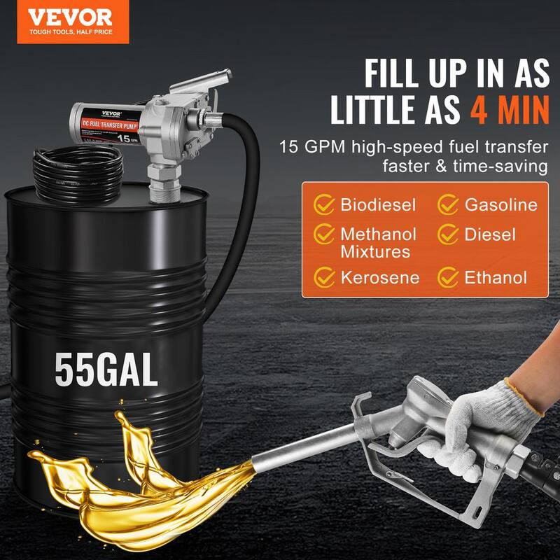 VEVOR Fuel Transfer Pump 15GPM 1/5 HP Gear-Type Electric Diesel Transfer Pump Auto Shut-Off Fuel Nozzle Inlet & Outlet Hose - FBBMG15GPM157Y234V9