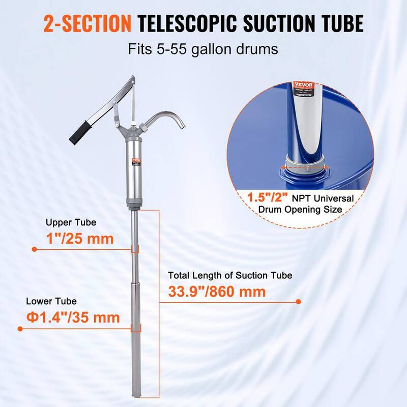 VEVOR 5 Gal. - 55 Gal. Drum Pump Carbon Steel Barrel Pump 10 oz. Per Stroke with 2 Telescopic Suction Tube and Hose - SDTBSYST14555XRHGV0