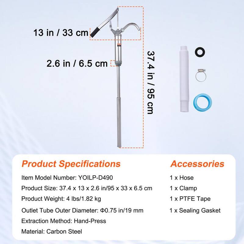 VEVOR 5 Gal. - 55 Gal. Drum Pump Carbon Steel Barrel Pump 10 oz. Per Stroke with 2 Telescopic Suction Tube and Hose - SDTBSYST14555XRHGV0
