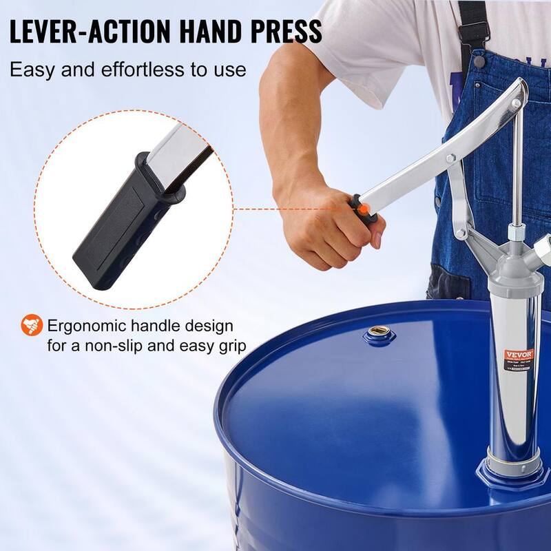 VEVOR 5 Gal. - 55 Gal. Drum Pump Carbon Steel Barrel Pump 10 oz. Per Stroke with 2 Telescopic Suction Tube and Hose - SDTBSYST14555XRHGV0