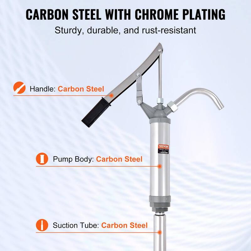 VEVOR 5 Gal. - 55 Gal. Drum Pump Carbon Steel Barrel Pump 10 oz. Per Stroke with 2 Telescopic Suction Tube and Hose - SDTBSYST14555XRHGV0