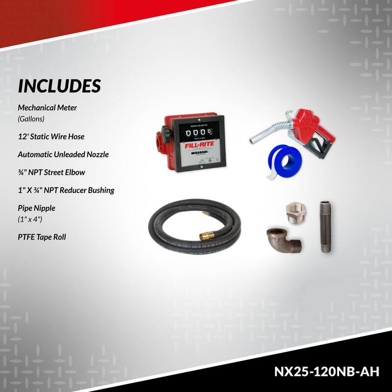 FILL-RITE 120-Volt 25 GPM 1/3 HP Continuous Duty Fuel Transfer Utility Pump w/ 12 ft. Hose Unleaded Auto Nozzle &Mechanical Meter - NX25-120NB-AH
