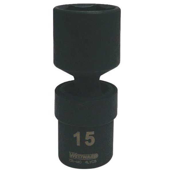 Westward 1/4 in Drive Impact Socket 15 mm Size 6 pt Standard Depth, Black Oxide - 4LYC8