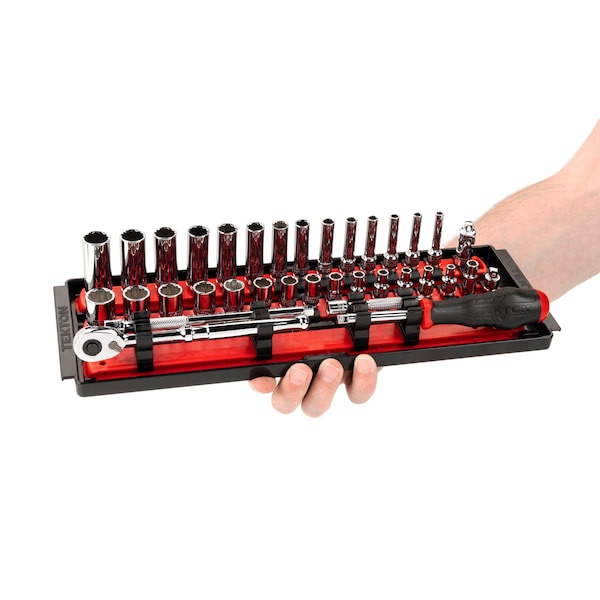 Tekton 1/4 Inch Drive 12-Point Socket and Ratchet Set with Rails, 35-Piece (4-15 mm) - SKT03202