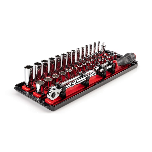 Tekton 1/4 Inch Drive 12-Point Socket and Ratchet Set with Rails, 35-Piece (4-15 mm) - SKT03202