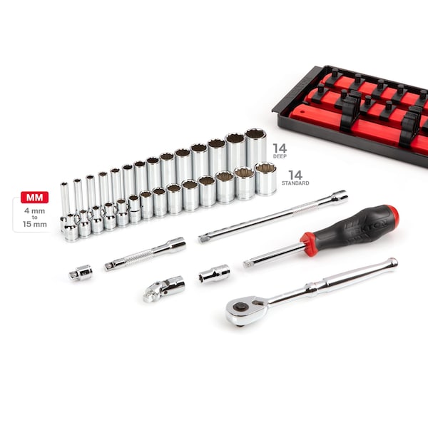 Tekton 1/4 Inch Drive 12-Point Socket and Ratchet Set with Rails, 35-Piece (4-15 mm) - SKT03202