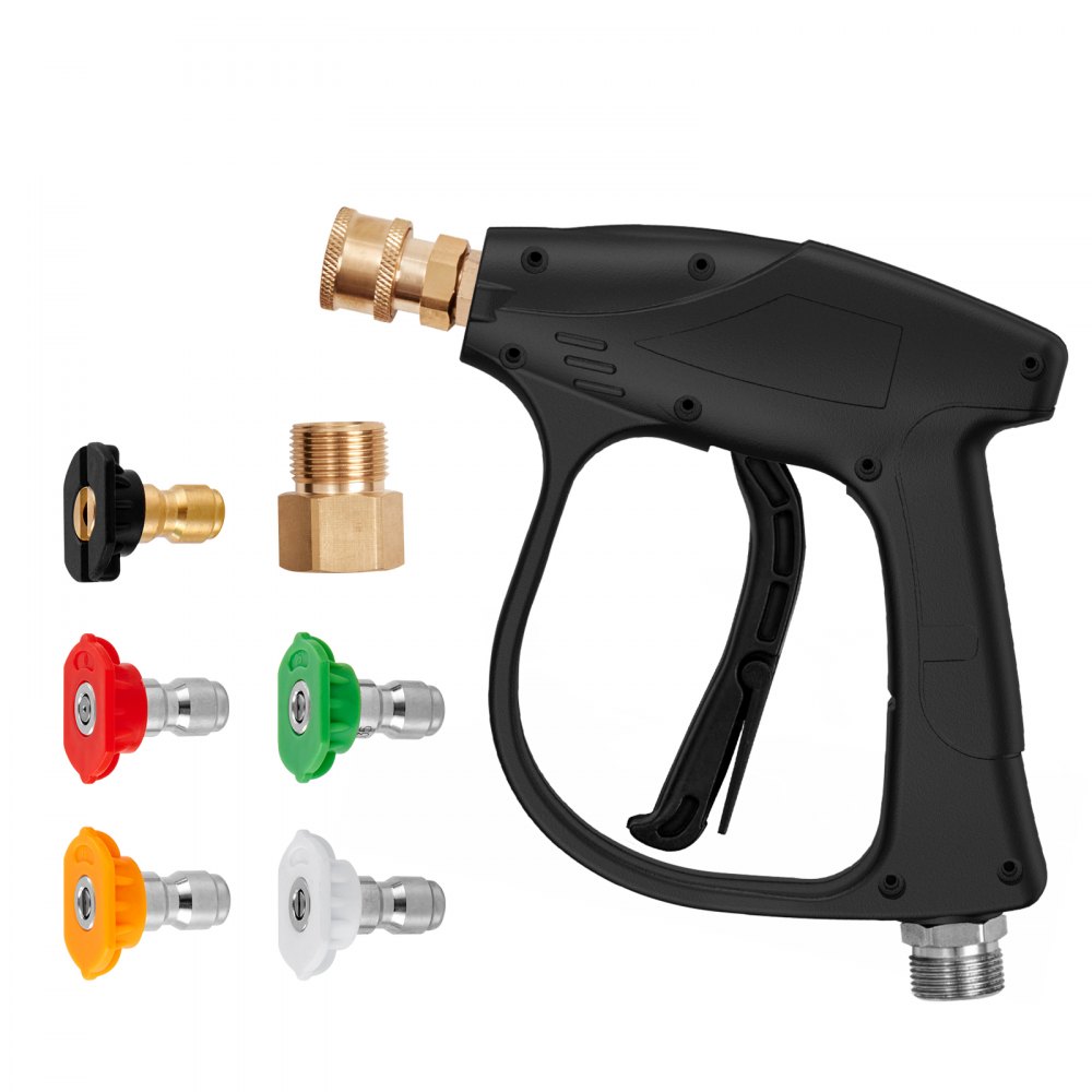 VEVOR Short Pressure Washer Gun, 4350 PSI High Power Washer Spay Gun, M22-14 Inlet & 1/4'' Outlet Hose Connector Foam Gun, Stainless Steel Pressure Washer Handle with 5 Color Quick Connect Nozzles - DBJQ3000PSIM2NU2HV0