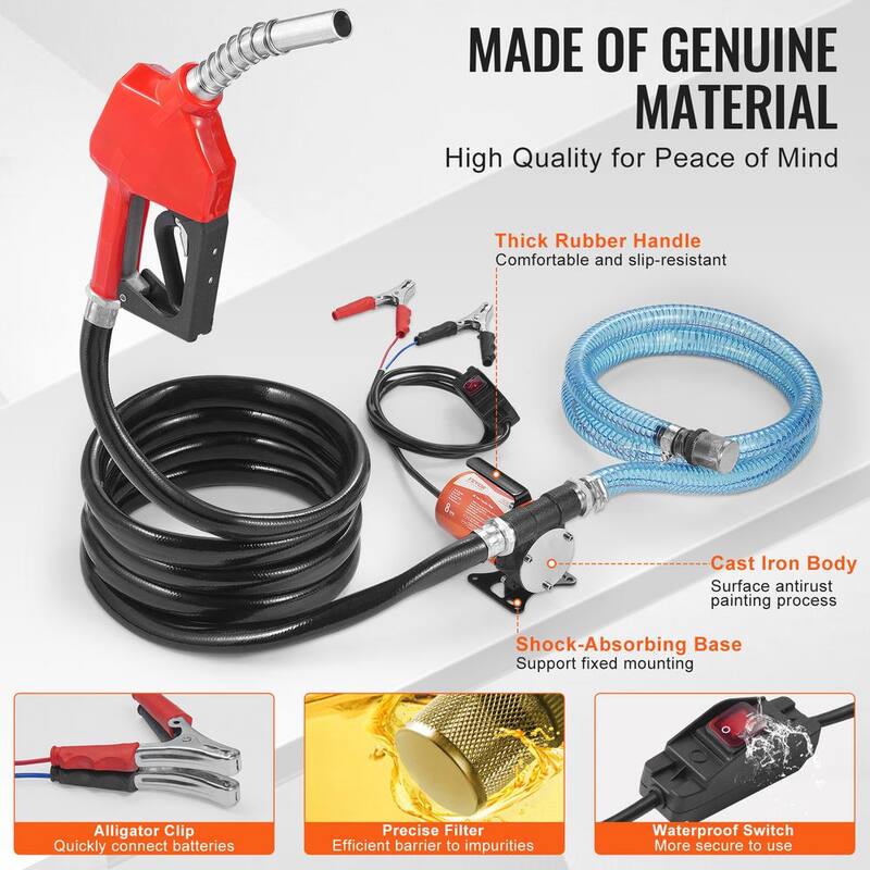 VEVOR Fuel Transfer Pump 8 GPM 1/6 HP Electric Diesel Transfer Pump with Auto Shut-Off Fuel Nozzle Long Inlet & Outlet Hose - FBBMG8GPM16H7QUUSV9