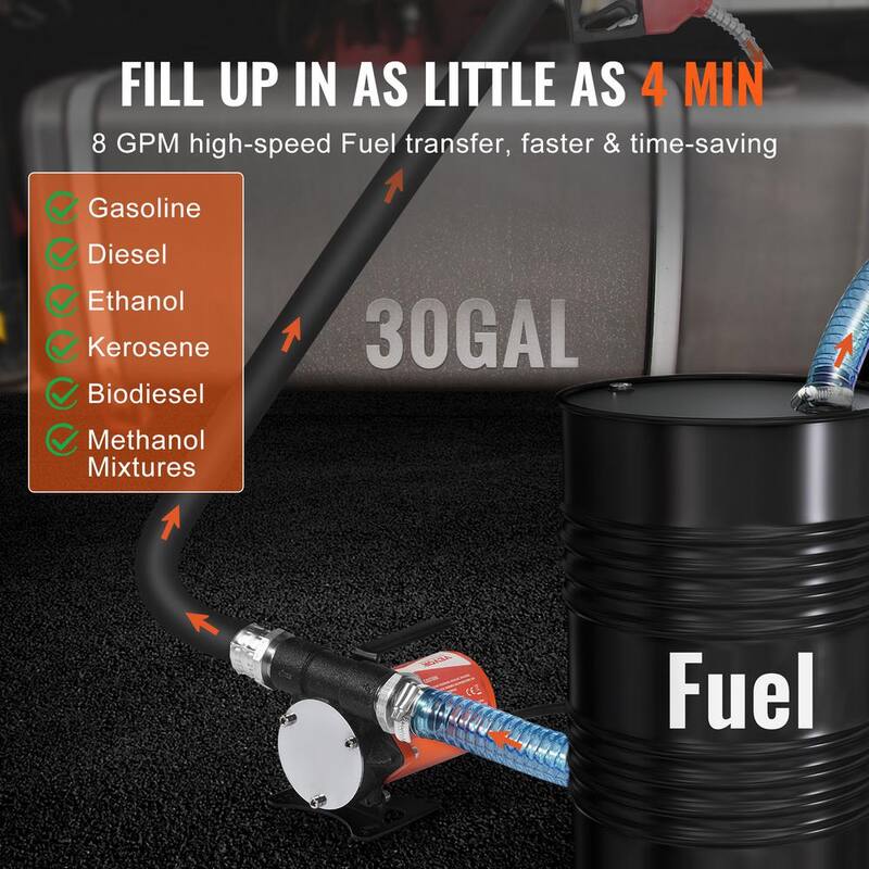 VEVOR Fuel Transfer Pump 8 GPM 1/6 HP Electric Diesel Transfer Pump with Auto Shut-Off Fuel Nozzle Long Inlet & Outlet Hose - FBBMG8GPM16H7QUUSV9