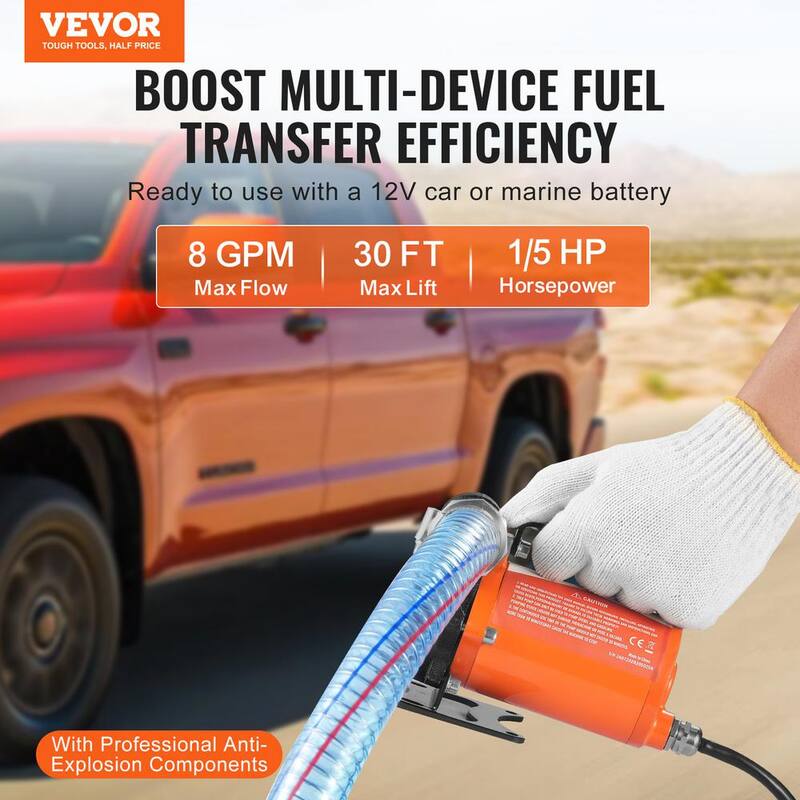 VEVOR Fuel Transfer Pump 8 GPM 1/6 HP Electric Diesel Transfer Pump with Auto Shut-Off Fuel Nozzle Long Inlet & Outlet Hose - FBBMG8GPM16H7QUUSV9