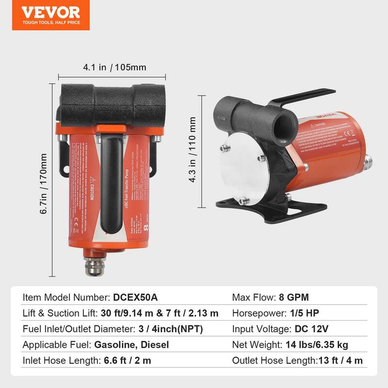 VEVOR Fuel Transfer Pump 8 GPM 1/6 HP Electric Diesel Transfer Pump with Auto Shut-Off Fuel Nozzle Long Inlet & Outlet Hose - FBBMG8GPM16H7QUUSV9