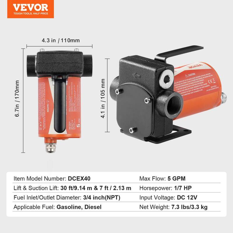 VEVOR Fuel Transfer Pump 5 GPM 1/10 HP Electric Diesel Transfer Pump for Gasoline Diesel Kerosene Methanol Blends - FBBMG37GPM11OTFVQV9