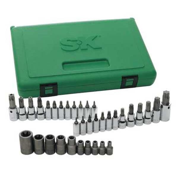 Sk Professional Tools 1/4", 3/8", 1/2" Drive Socket Set Torx 35 Pieces T8 to T60, E4 to E14 , Chrome - 19763