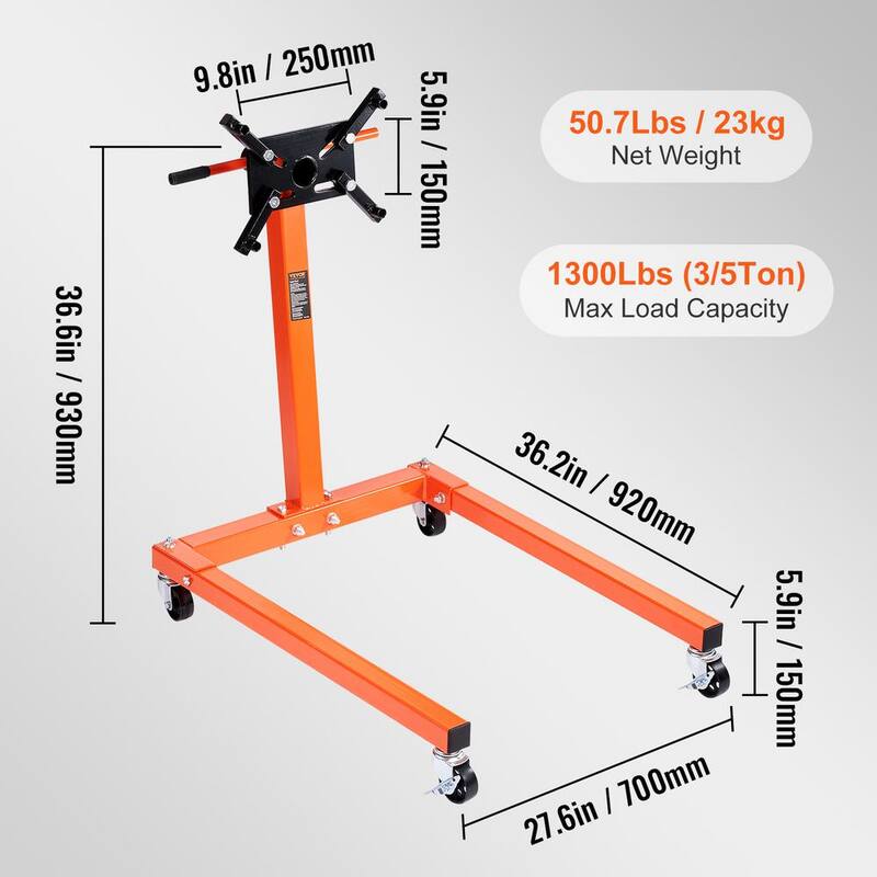 VEVOR Rotating Engine Stand 1300 lbs. Load Cast Iron Motor Hoist Dolly with 360° Adjustable Head 4-Caster 4 Arms for Auto - YDXZSFDJZJL4UDXZJV0