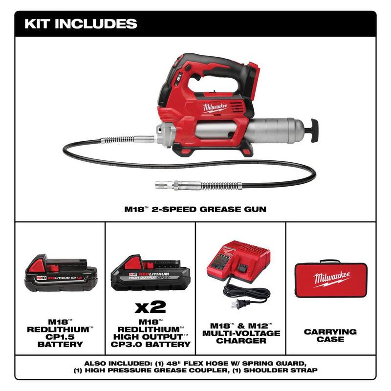 Milwaukee M18 18V Lithium-Ion Cordless Grease Gun 2-Speed with (3) Batteries, Charger, Tool Bag - 2646-21CT-48-11-1837