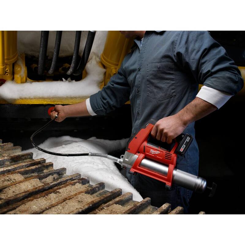 Milwaukee M12 12-Volt Lithium-Ion Cordless Grease Gun Kit with One 3.0 Ah Battery, Charger and Tool Bag with M12 3/8 in. Ratchet - 2446-21XC-2457-20