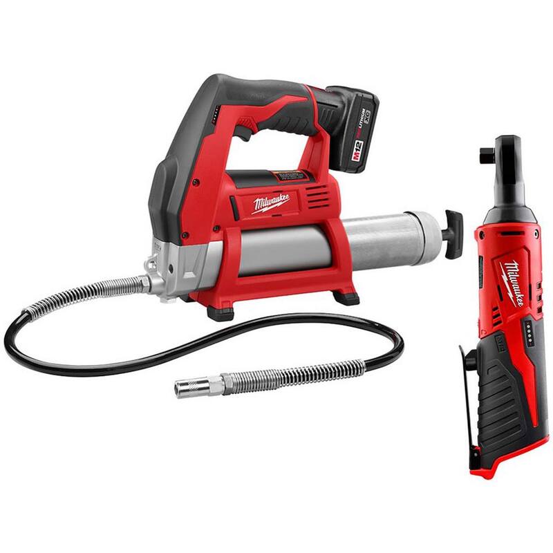 Milwaukee M12 12-Volt Lithium-Ion Cordless Grease Gun Kit with One 3.0 Ah Battery, Charger and Tool Bag with M12 3/8 in. Ratchet - 2446-21XC-2457-20