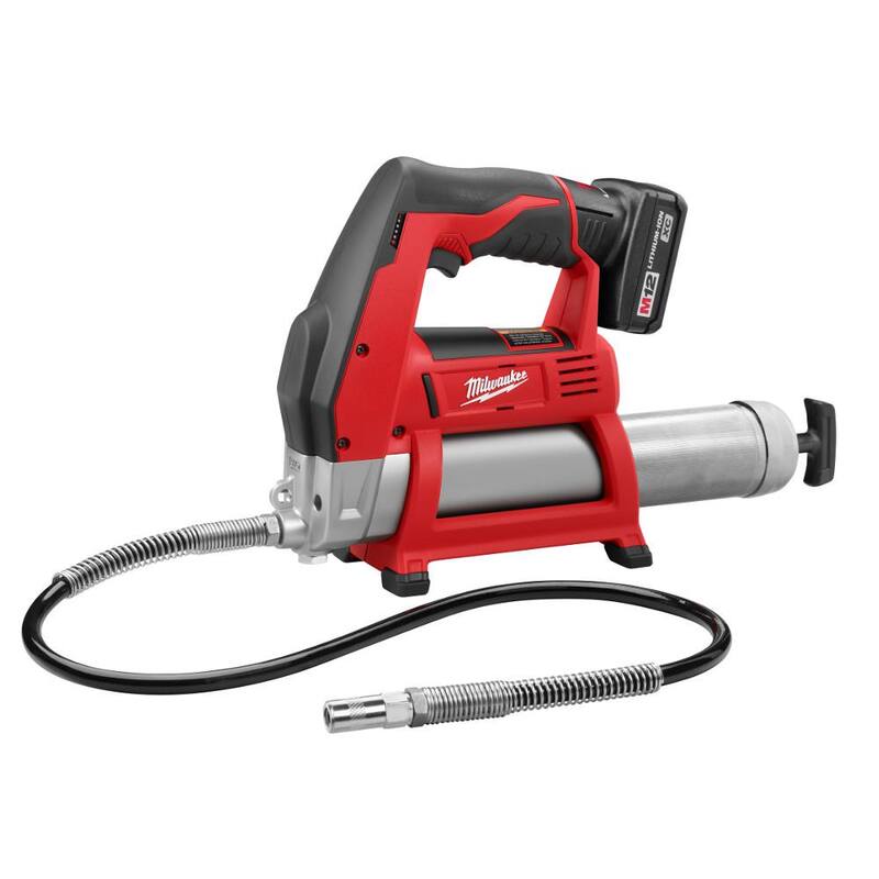 Milwaukee M12 12-Volt Lithium-Ion Cordless Grease Gun Kit with One 3.0 Ah Battery, Charger and Tool Bag with M12 3/8 in. Ratchet - 2446-21XC-2457-20