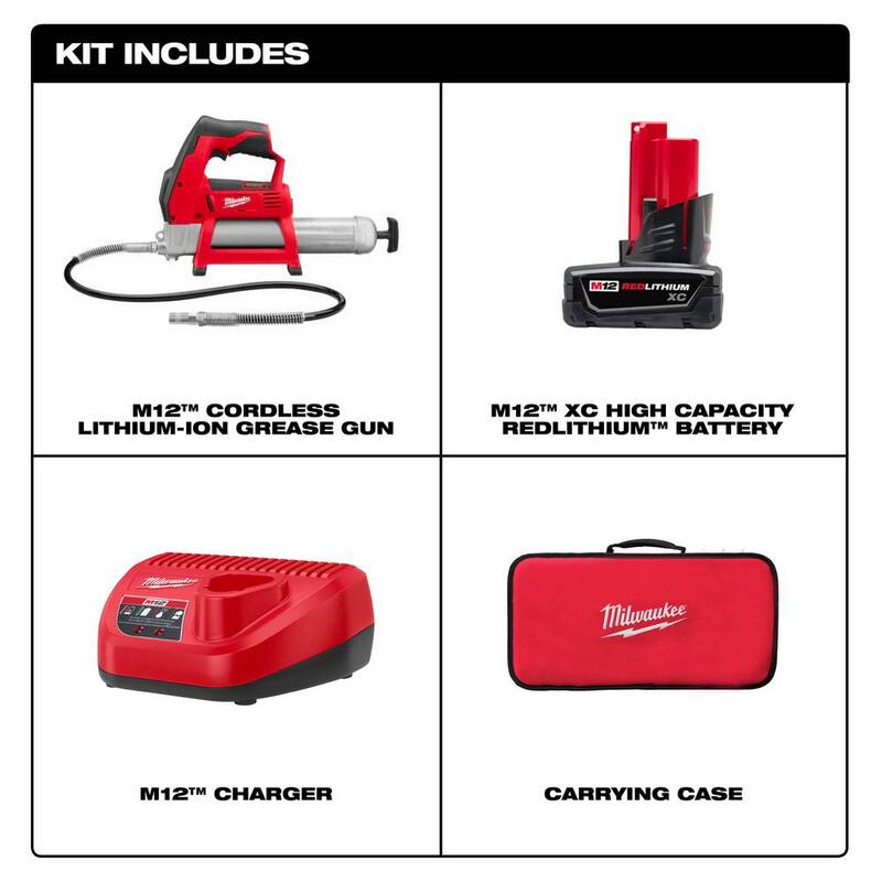 Milwaukee M12 12V Lithium-Ion Cordless Grease Gun Kit with One 3.0 Ah Battery, Charger and Tool Bag - 2446-21XC