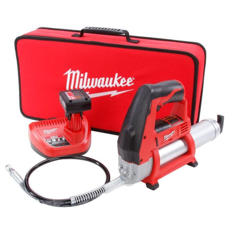 Milwaukee M12 12V Lithium-Ion Cordless Grease Gun Kit with One 3.0 Ah Battery, Charger and Tool Bag - 2446-21XC