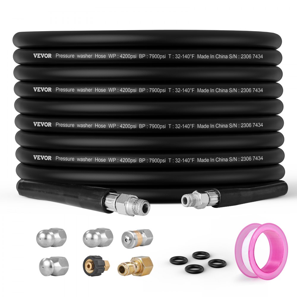 VEVOR Pressure Washer Hose, 100FT, 1/4" Kink Free Brass Thread Replacement For Most Brand Pressure Washers, 3/4'' Bending Radius, 4200 PSI Heavy Duty Power Washer Extension Spray Nozzle - GYQXRG100FT1WFYA4V0