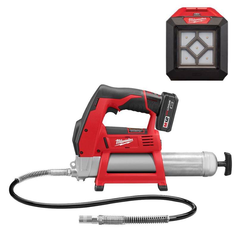 Milwaukee M12 12V Lithium-Ion Cordless Grease Gun XC Kit with M12 LED Flood Light - 2446-21XC-2364-20
