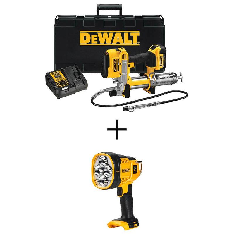 DEWALT 20V MAX Cordless 10,000 PSI Variable Speed Grease Gun and LED Jobsite Spotlight with (1) 20V 4.0Ah Battery, and Charger - DCGG571M1WCL043