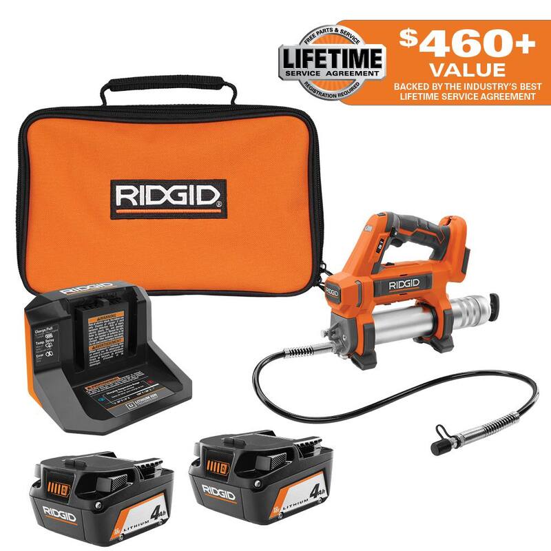 RIDGID 18V (2) 4.0 Ah Batteries and Charger Kit with 18V Cordless Grease Gun - AC93044SBN-R860445B