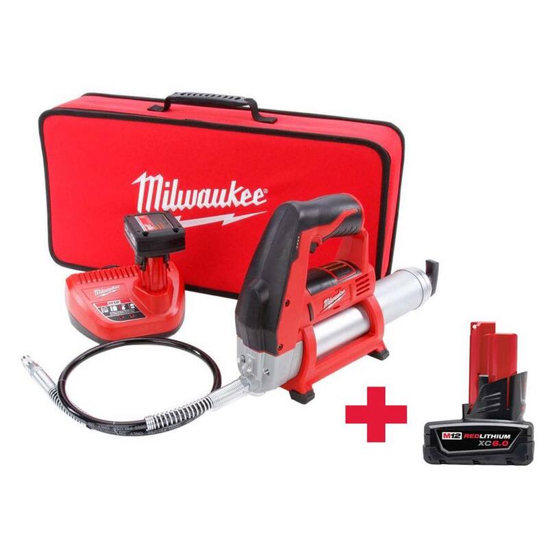Milwaukee M12 12V Lithium-Ion Cordless Grease Gun with M12 6.0 Ah Battery Pack - 2446-21XC-48-11-2460