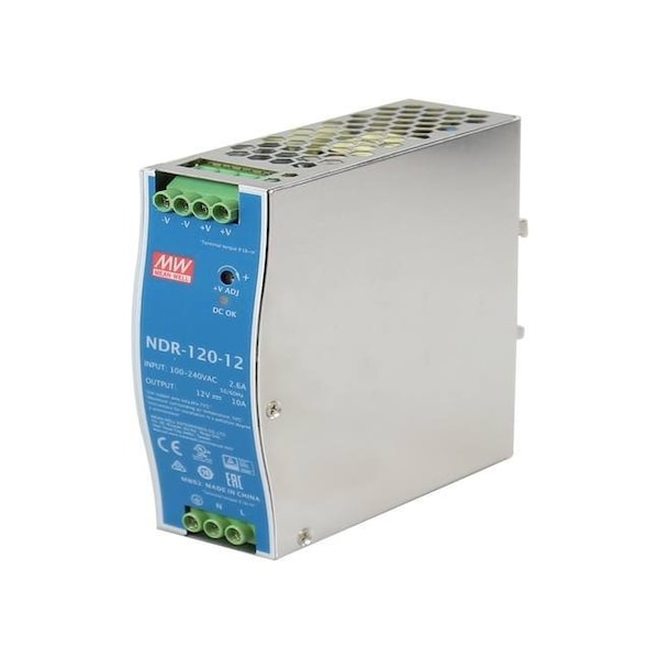 Antaira Power Supply, 90 to 264V AC/120 to 370V DC, 12V DC, 120W, 10A, DIN Rail - NDR-120-12