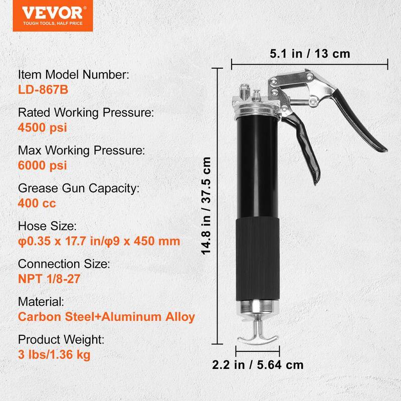 VEVOR Pistol Grip Grease Gun 6000 PSI Heavy Duty Professional Grease Gun with 17.72 in. Flexible Hose 14 oz. Capacity - SDHYQZXSQSW18DE5JV0