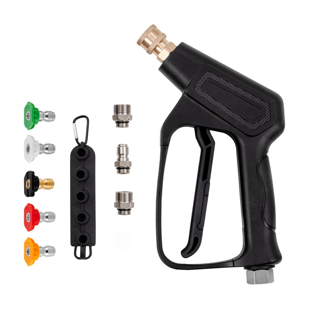VEVOR Short Pressure Washer Gun, 4000 PSI High Power Washer Spay Gun, M22-14 mm / M22-15 / 3/8'' Inlet & 1/4'' Outlet Hose Connector Foam Gun, Pressure Washer Handle with 5 Color Quick Connect Nozzles - DBJQ4000PSIM2QP78V0