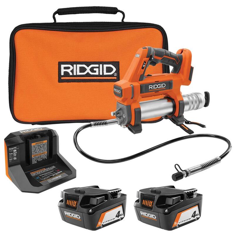 RIDGID 18V Cordless Grease Gun with (2) 4.0 Ah Batteries, 18V Charger, and Bag - R860445B-AC93044SBN