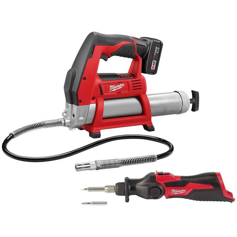 Milwaukee M12 12-Volt Lithium-Ion Cordless Grease Gun Kit with One 3.0 Ah Battery, Charger and Tool Bag with M12 Soldering Iron - 2446-21XC-2488-20