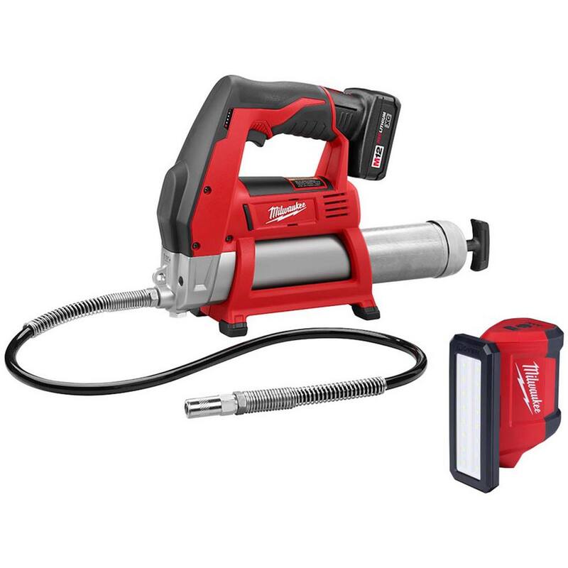 Milwaukee M12 12-Volt Lithium-Ion Cordless Grease Gun Kit with One 3.0 Ah Battery, Charger and Tool Bag w/M12 ROVER Service Light - 2446-21XC-2367-20