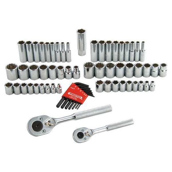 Proto 1/4", 3/8" Drive Socket Set Metric, SAE 63 Pieces 1/8 in to 3/4 in, 5 mm to 18 mm , Full Polish - J47163