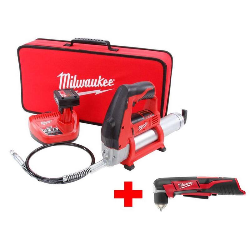 Milwaukee M12 12-Volt Lithium-Ion Cordless Grease Gun XC Kit with M12 Right Angle Drill - 2446-21XC-2415-20