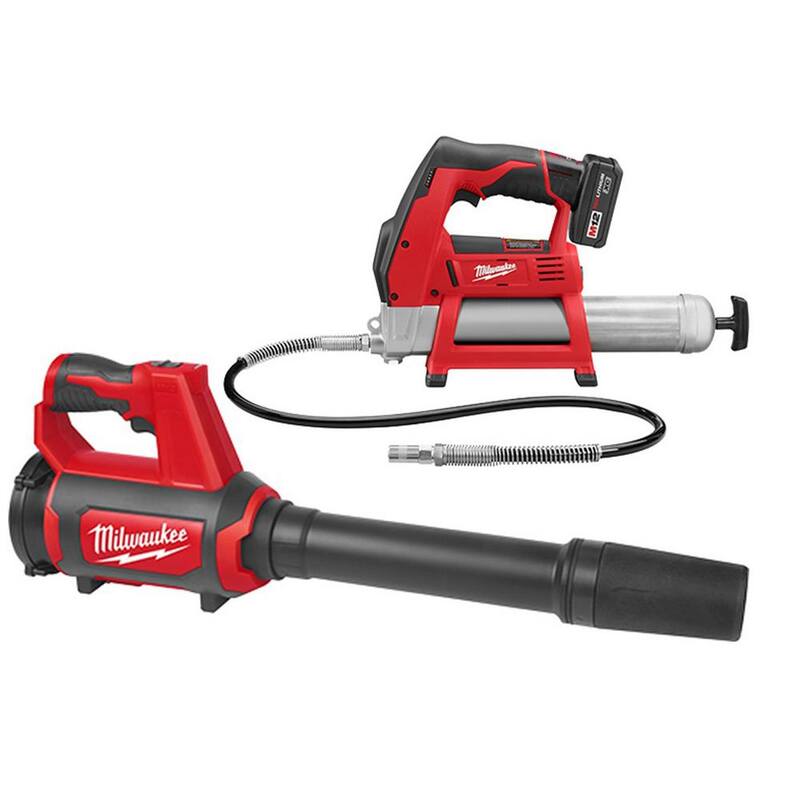 Milwaukee M12 12V Lithium-Ion Cordless Grease Gun Kit with One 3.0 Ah Battery, Charger, Tool Bag and Compact Spot Blower - 2446-21XC-0852-20
