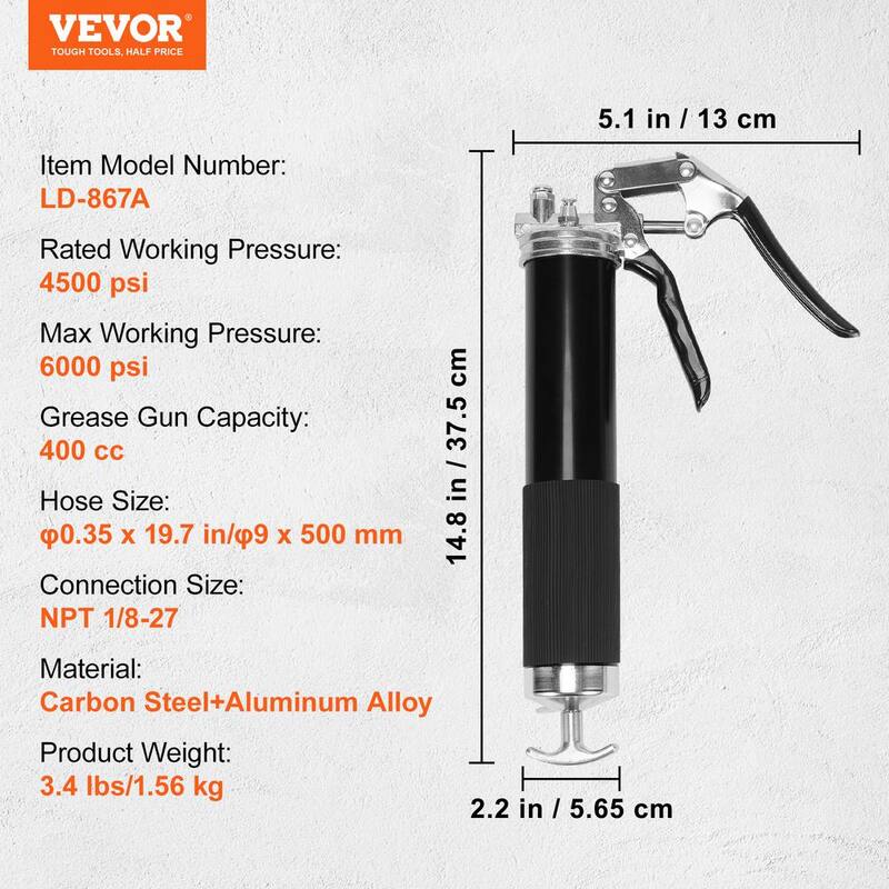 VEVOR Pistol Grip Grease Gun, 6000 PSI, 14 oz./400 CC Capacity Heavy Duty Professional Grease Gun with 19.69in. Flexible Hose - SDHYQZXSQSY1820J2V0-805