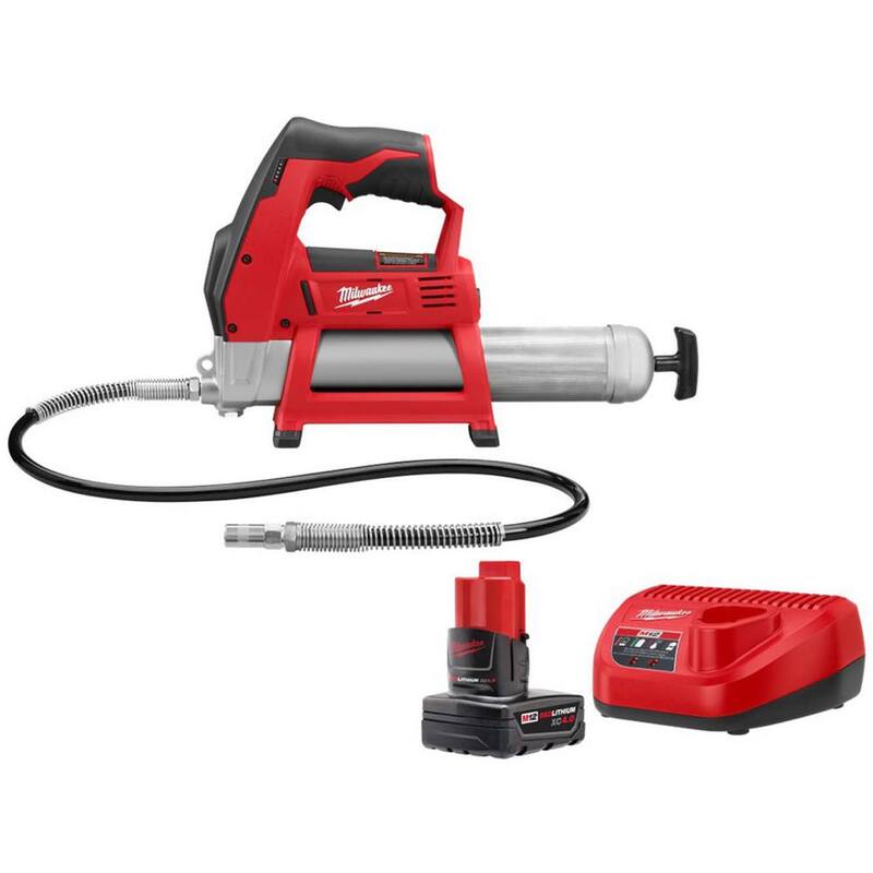 Milwaukee M12 12V Lithium-Ion Cordless Grease Gun with XC Battery Pack 4.0 Ah and Charger Starter Kit - 2446-20-48-59-2440